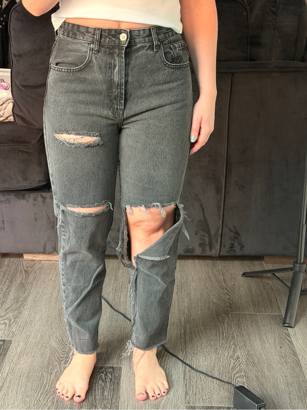 stradivarius Black Distressed Straight-Leg Jeans